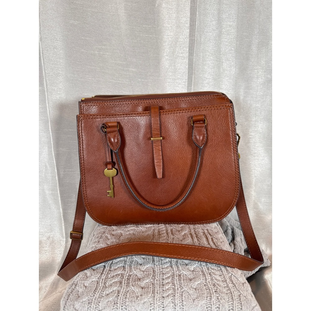 Fossil Satchel Handbag Brown Ryder Leather Shoulder Bag Top‎ Handle Key Charm